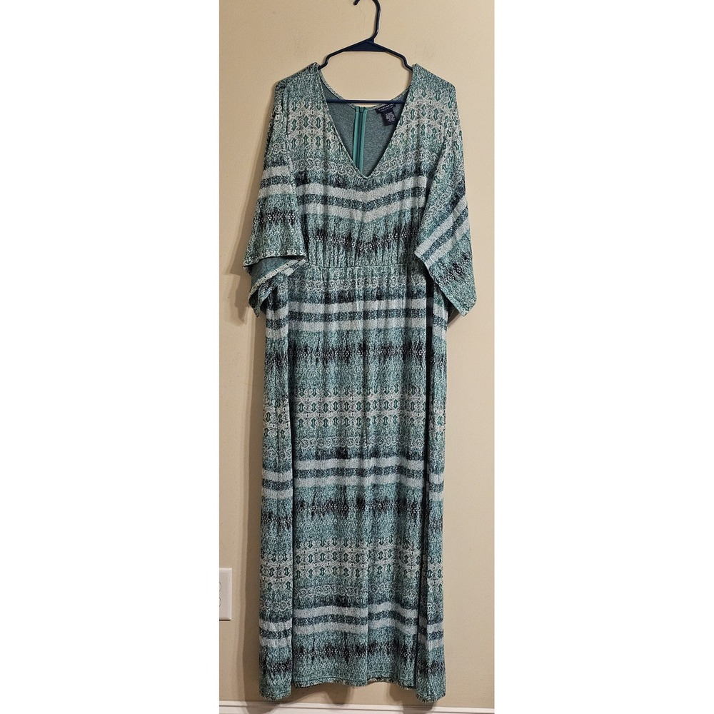 Doncaster Collection Maxi Dress Women 2W Green Blue Ikat Stripe Flutter Sleeve